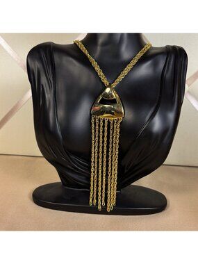 Gold Tone Multi Strand Necklace 18” Tassel Triangle Pendant Statement Jewelry C1